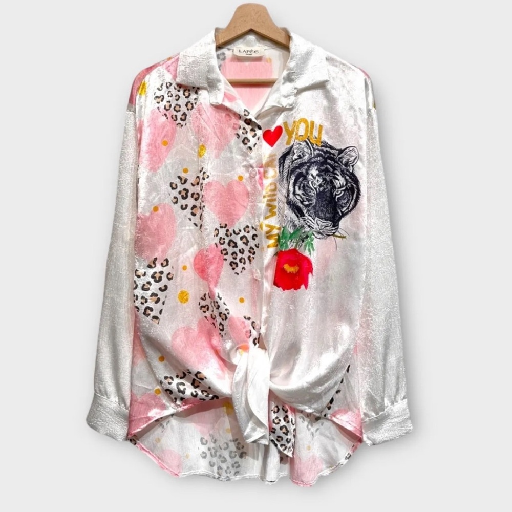 MADE IN ITALY White and Pink Heart Leopard Print Shirt